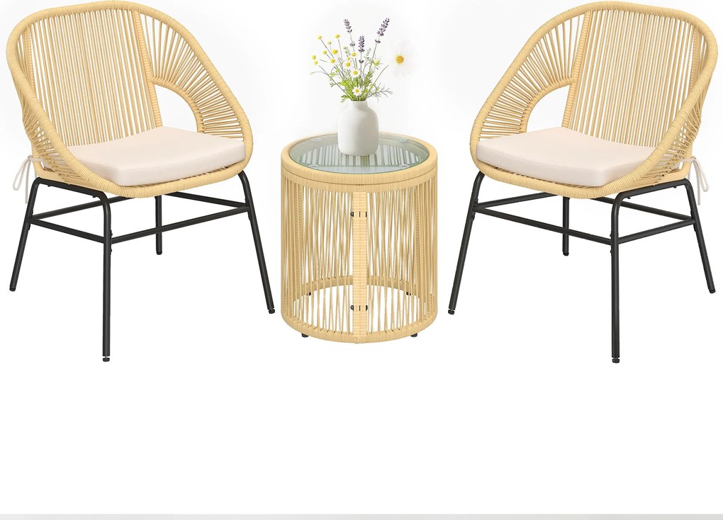 Outsunny Set bistro Rattan 3 piese, set mobilier de grădină cu 2 scaune, masă cu blat din sticlă, perne lavabile, ergonomic | Aosom Romania