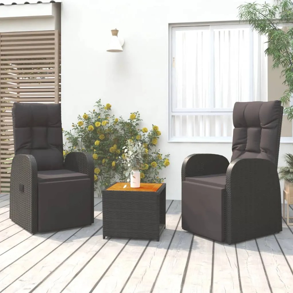 vidaXL Set șezlonguri grădină, 3 piese, negru, poliratan&amp;lemn acacia