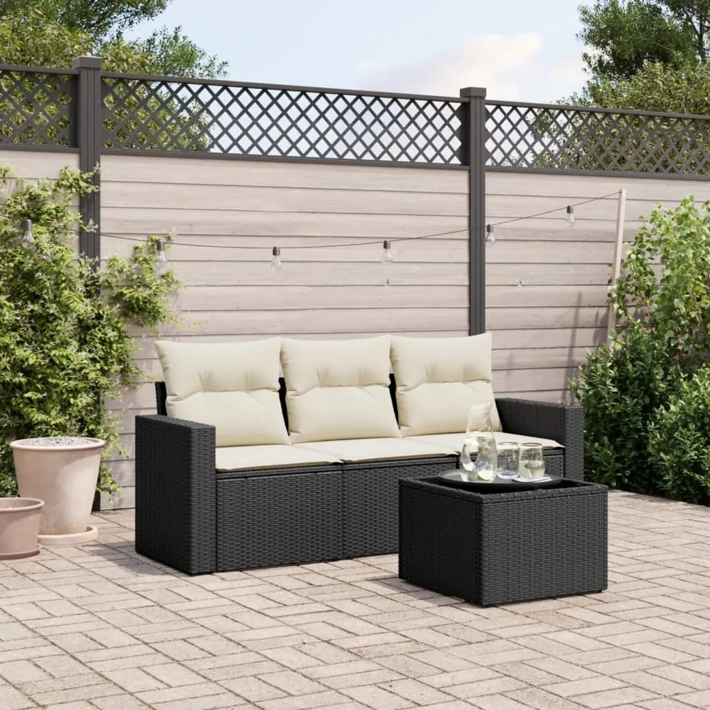 3218656 vidaXL Set mobilier de grădină cu perne, 4 piese, negru, poliratan