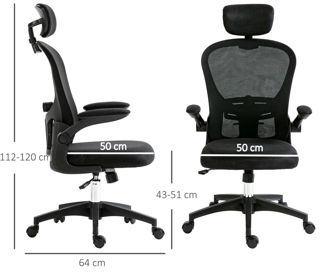 Vinsetto Scaun de Birou din Plasă Scaun de Escritorio Spătar Înalt Suport de Cap Ajustabil Suport Lombar 4D 62x64x120 cm Negru | Aosom Romania