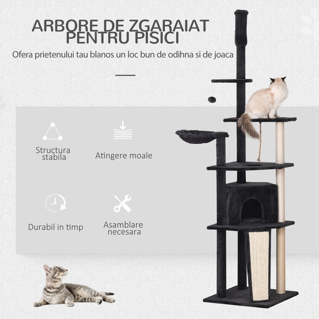 PawHut Stalp de sgariat pentru Pisici pe mai multe niveluri Inalt 210-240cm cu Cusca si Hamac