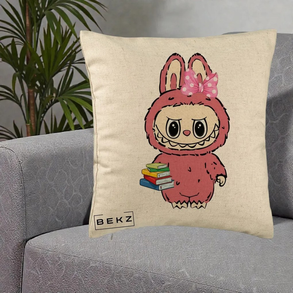 Perna Personalizata Labubu Roz cu Funda si Carti, 40x40 cm, Bej, Husa Detasabila, Perna Inclusa, BEKZ®