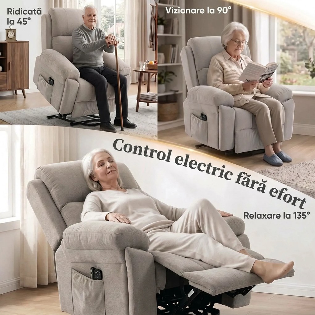 HOMCOM Fotoliu recliner electric cu ridicare, încălzire și masaj în 8 puncte, din chenille, 2 telecomenzi, bej | Aosom Romania