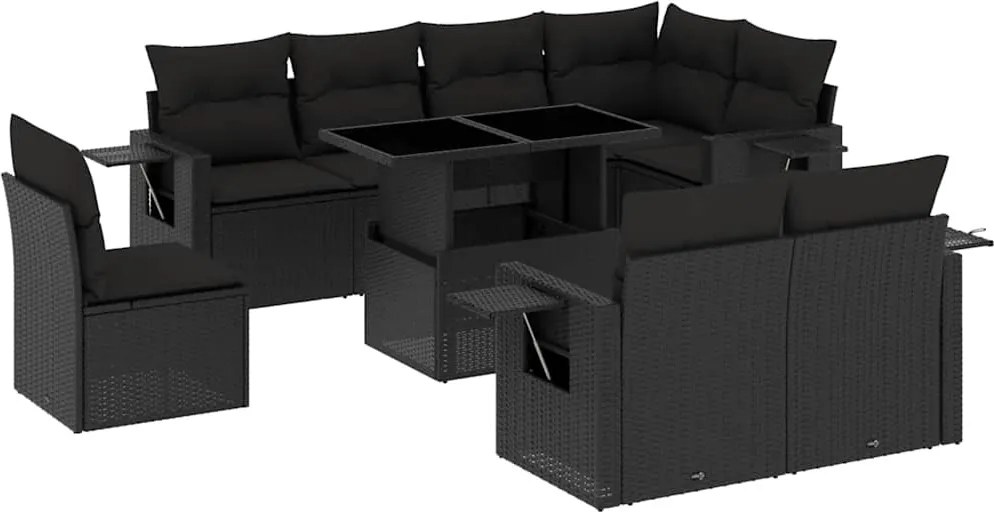 vidaXL Set mobilier de grădină cu perne, 9 piese, negru, poliratan