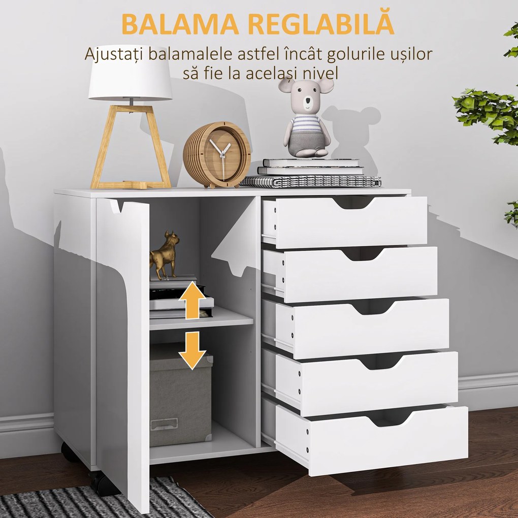 HOMCOM Dulap Lateral cu 5 Sertare, Dulap cu Raft Reglabil, Mobilier pentru Birou pe Roți, Suport pentru Imprimantă pentru Biroul de Acasă, Alb | Aosom Romania