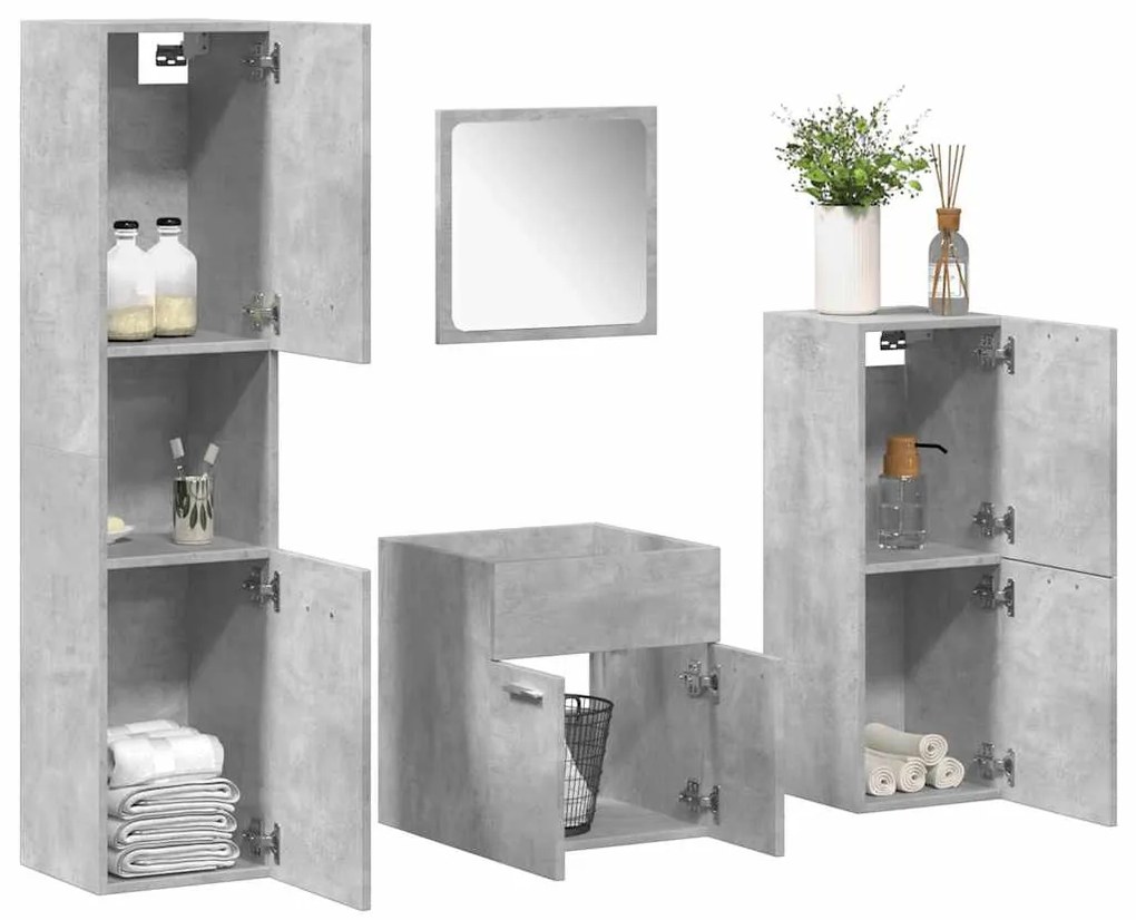 vidaXL Set mobilier de baie, 4 piese, gri beton, lemn compozit