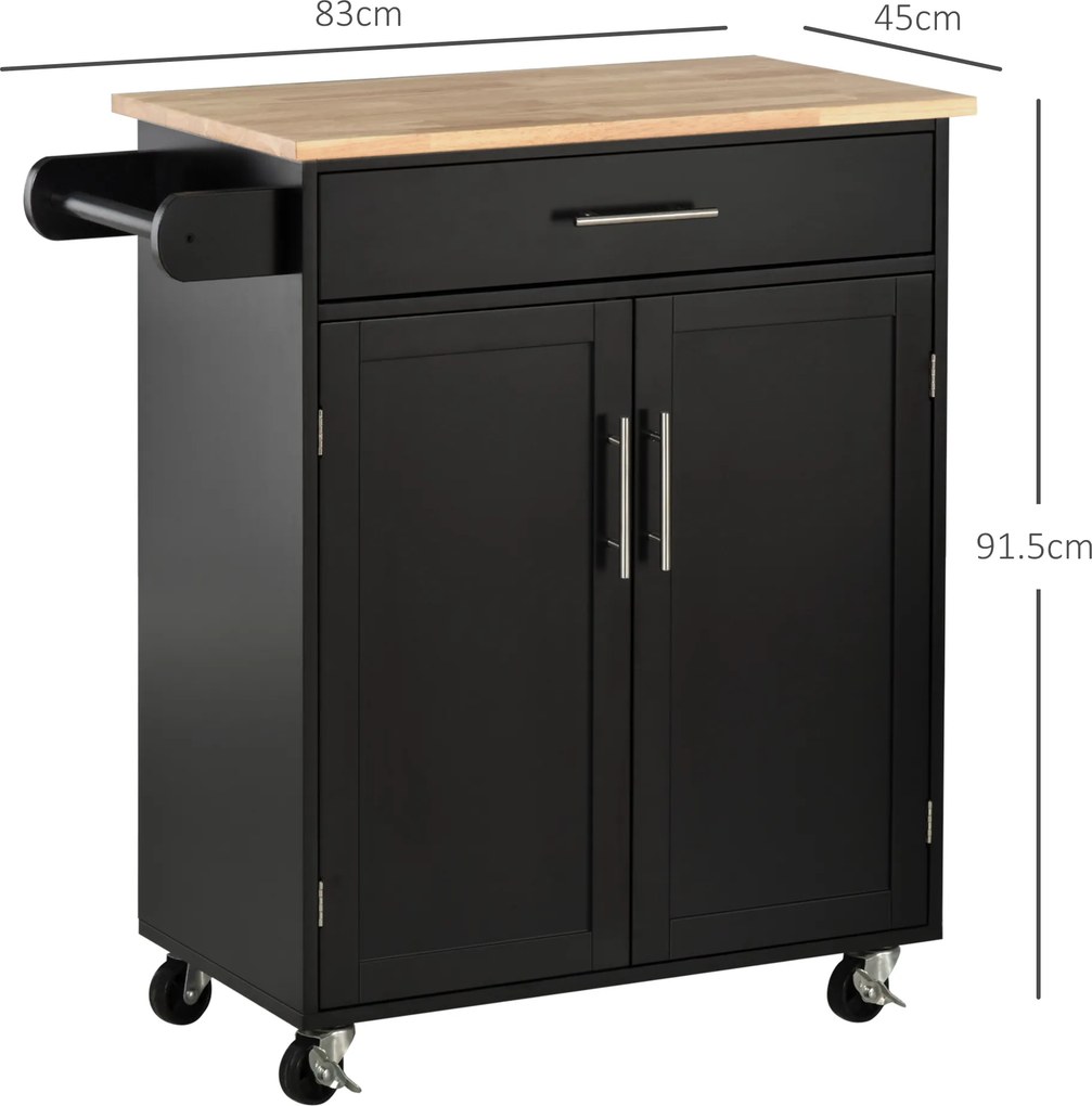 HOMCOM Cărucior de Bucătărie cu Sertar și Dulap cu 2 Uși, Insulă de Bucătărie cu roți și bară laterală, 83x45x91.5 cm, Negru | Aosom Romania