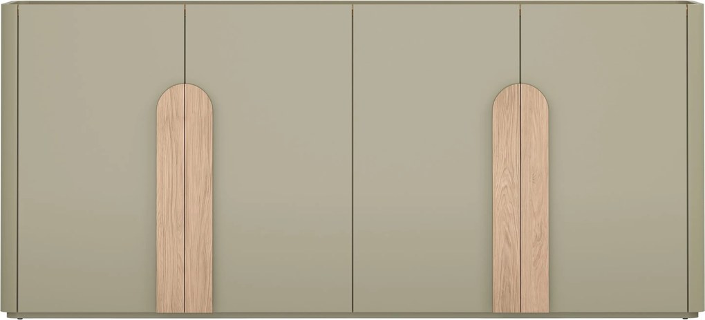 Comodă Amilio 200 cm cu 4 uși - eucalipt / stejar baltic dune / mânere stejar natural
