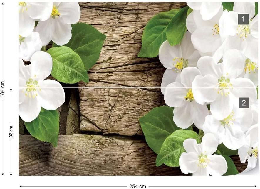 GLIX Fototapet - Flowers On Rustic Wood Texture Vliesová tapeta  - 254x184 cm