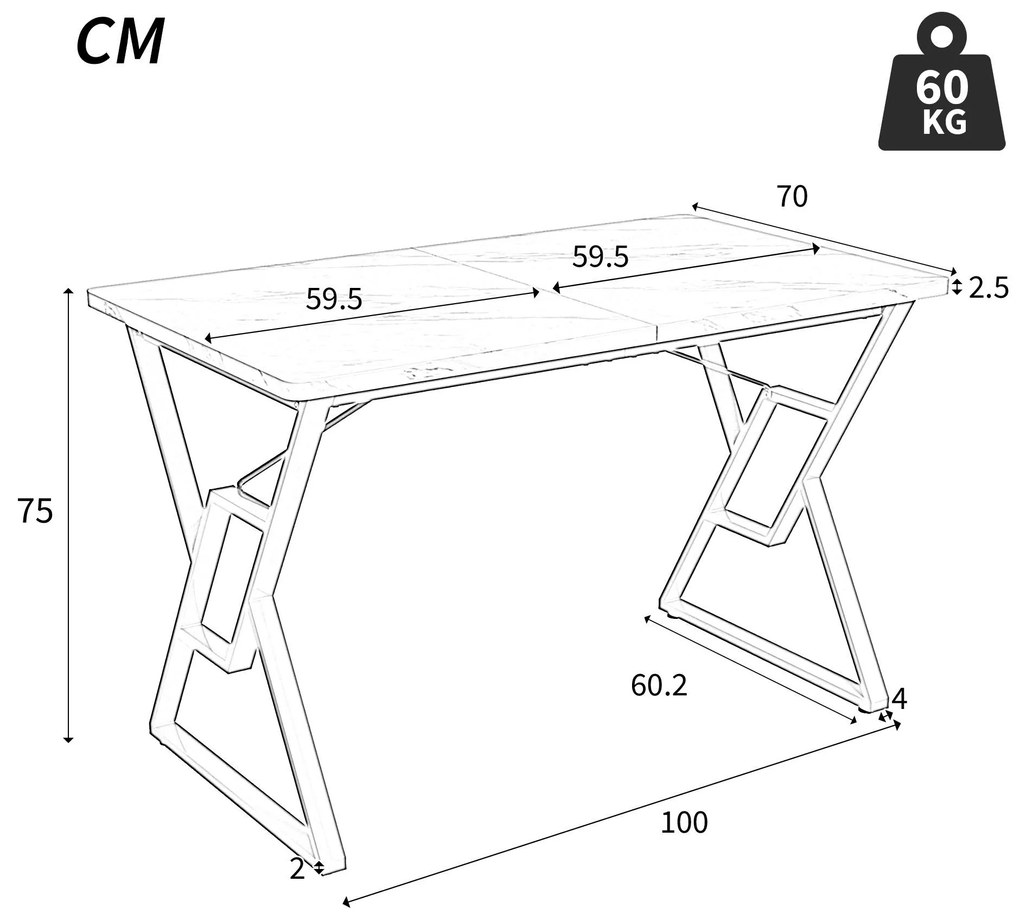 Masă cu picioare din metal, marmură modernă, structură metalică stabilă, 119×70×75 cm, Alb+Auriu