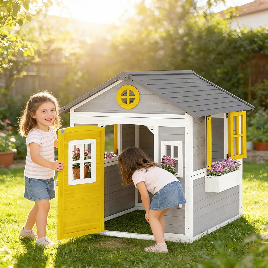 Outsunny Căsuță din Lemn pentru Copii 3-8 Ani, Căsuță de Grădină cu Ferestre, Acoperiș Înclinat, Ghivece și Jardiniere, Gri, Galben, Alb | Aosom Romania