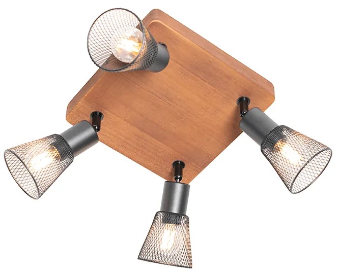 Spotlight industrial negru cu lemn 4 lumini - Kristina