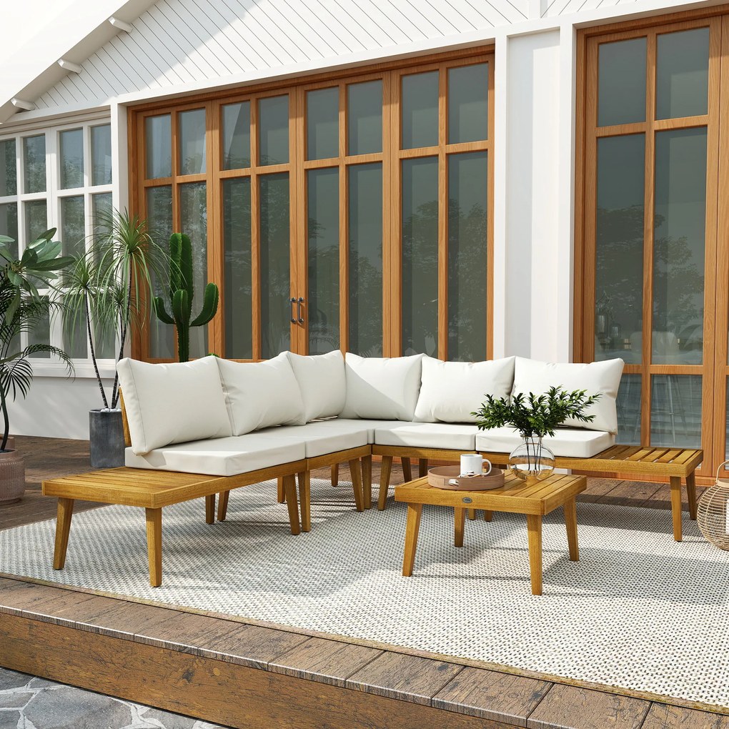 Outsunny Salon de grădină în aer liber, 5 locuri, modular din lemn de acacia, canapea unghiulară în aer liber cu masă de cafea și perne | Aosom Romania