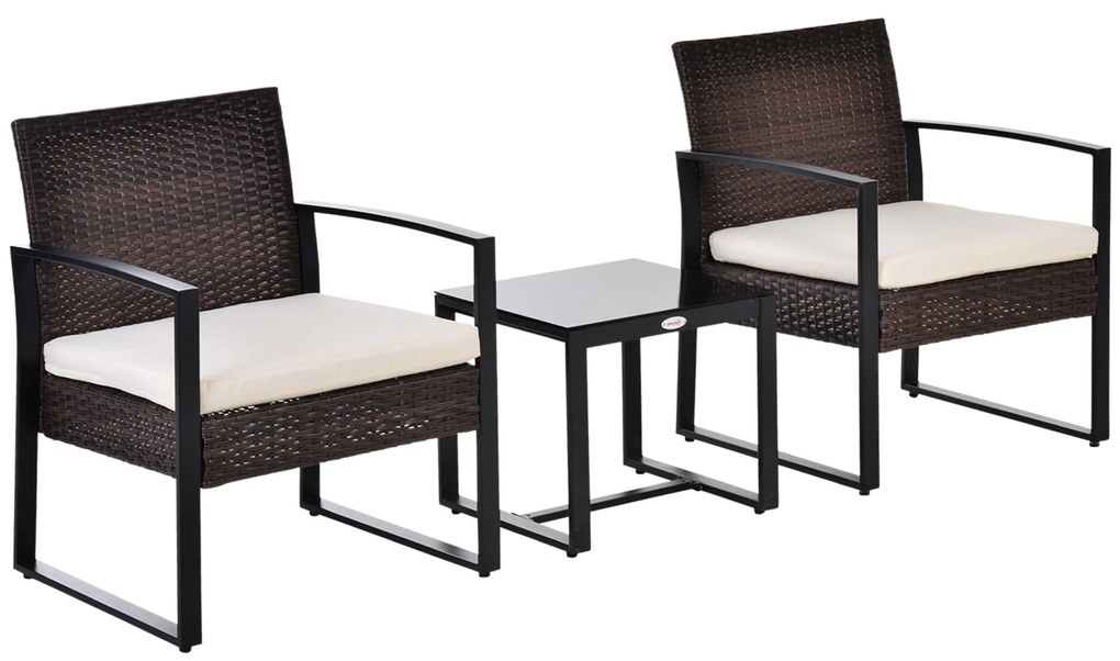 Set de mobilier de balcon Outsunny din Poliratan pentru 2 persoane, set de balcon cu perne Maro+Crem | Aosom Romania