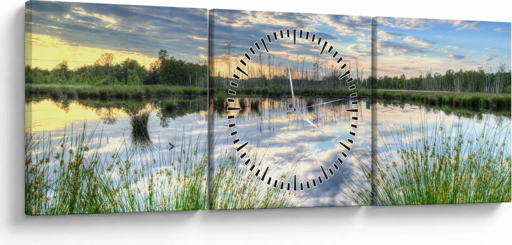 Tablou cu lac și trestie (cu ceas) (90x30 cm)