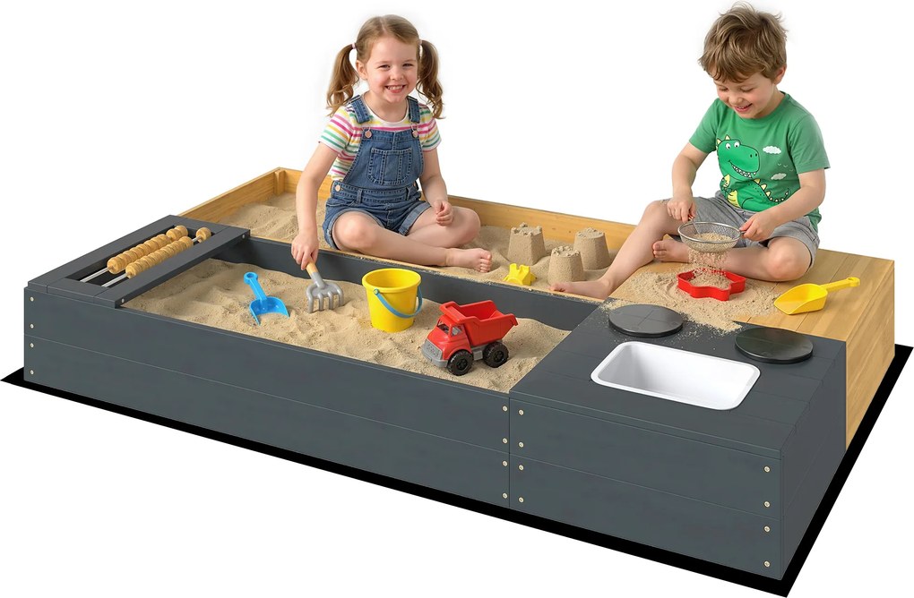 AIYAPLAY Set ladă pentru nisip 2 piese 150x90 cm lemn ladă de nisip cu bancă spațiu depozitare plită chiuvetă detașabilă mărgele abac Galben | Aosom Romania