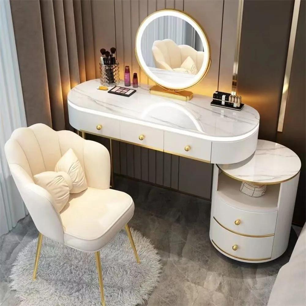 RESIGILIAT Set ALEGRIA, Masă de toaletă pentru machiaj cu margini iluminate LED, oglindă iluminată LED, control touch, 4 sertare, scaun, Alb