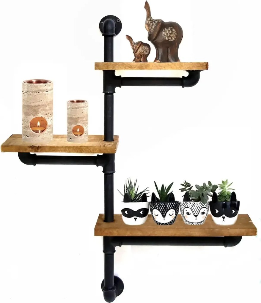 Raft cu 3 polite stil industrial din lemn-metal Homs 70 X 12 X 57 cm