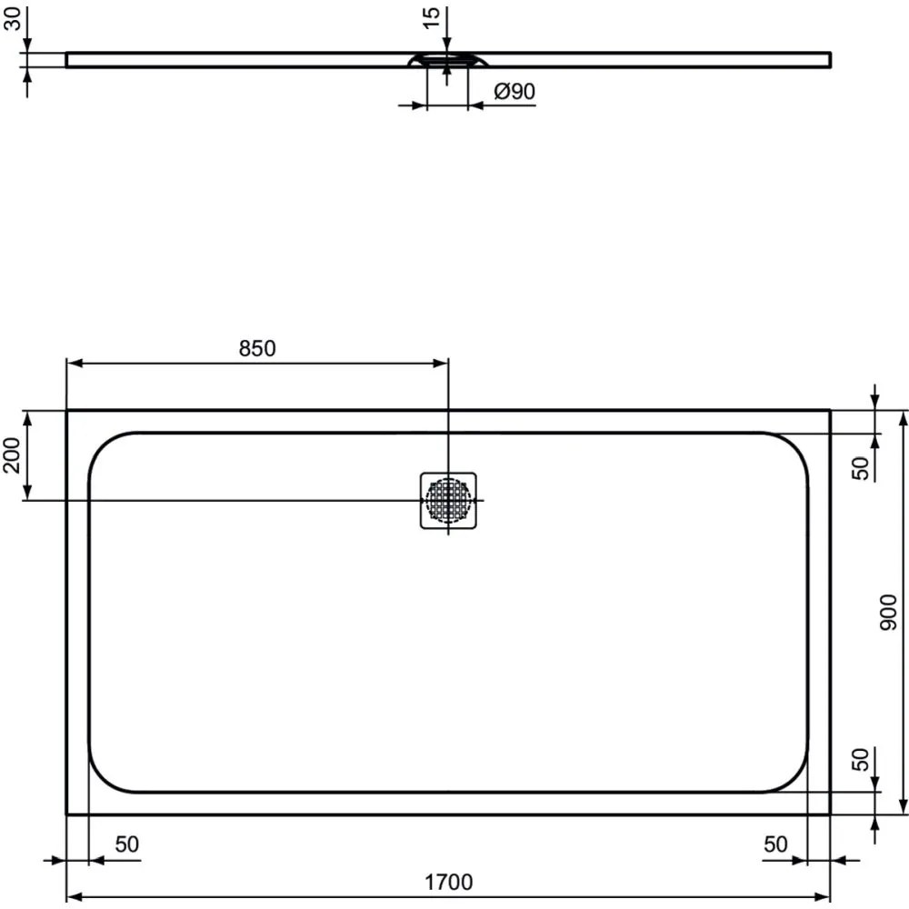 Cadita dus compozit 170x90 cm Ideal Standard Ultra Flat S, negru intens Negru intens, 1700x900 mm