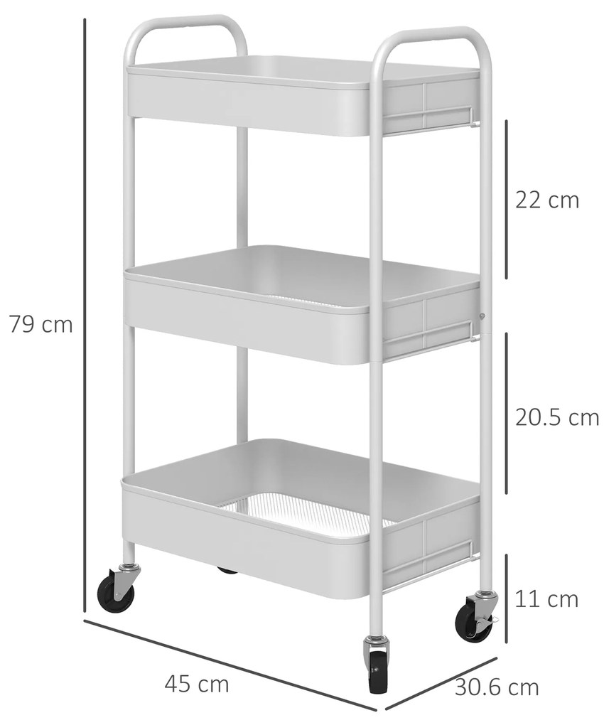 HOMCOM Cărucior pentru Depozitare pe 3 Nivele și Roți cu Frâne, Cărucior Rulant cu 3 Coșuri din Plasă, 45x30,6x79 cm, Alb | Aosom Romania