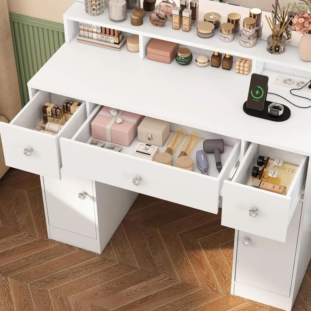 Masuta machiaj cu Oglinda LED si 3 Sertare pentru Cosmetice, Set Masa toaleta 102 cm, Alb, masuta cosmetica, vanity - SEA817