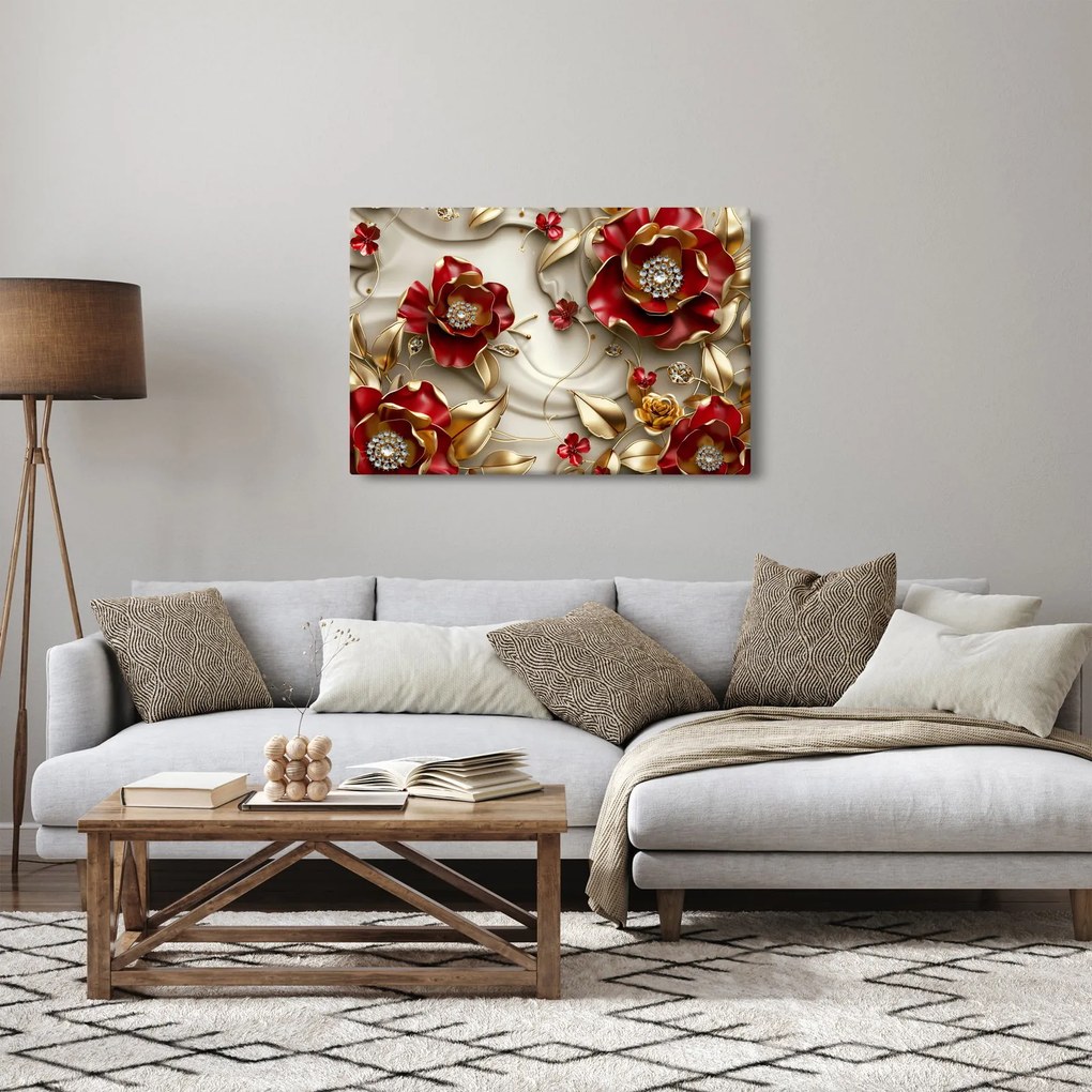 Tablou - Flori 3D Roșu-Auriu (90x60 cm)