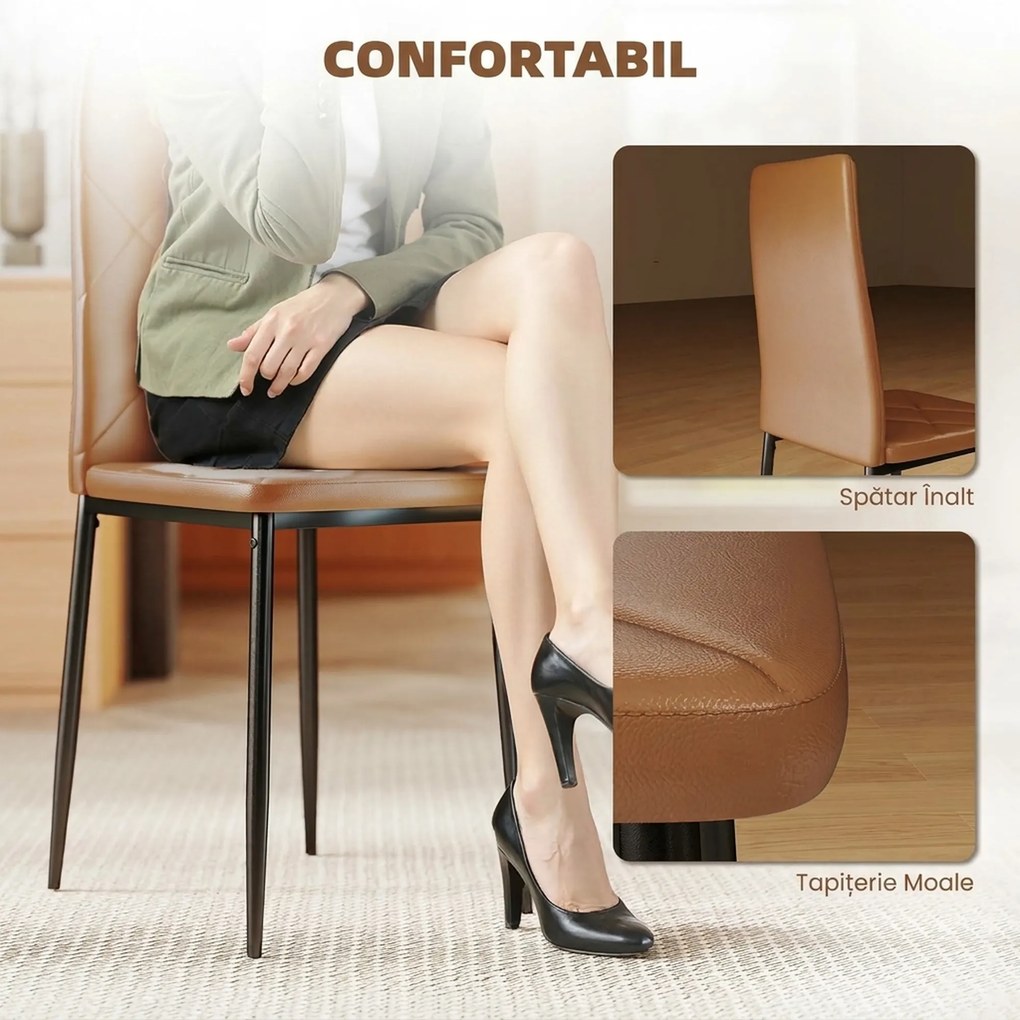HOMCOM Set de 6 Scaune de Dining Moderne cu Spătar Înalt, din Piele Ecologică și Oțel, 41x50x97 cm, Maro | Aosom Romania