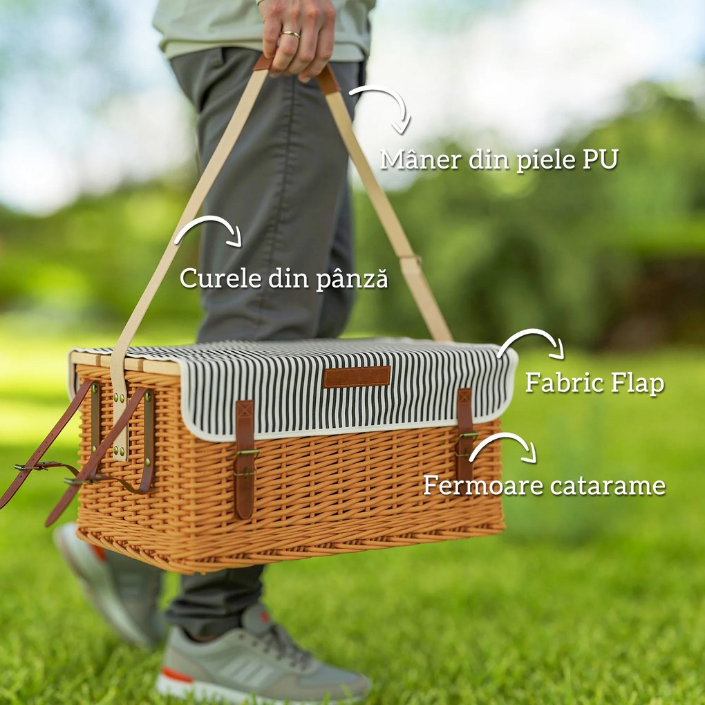 Outsunny Coș Picnic Răchită Bej cu Set | Aosom Romania