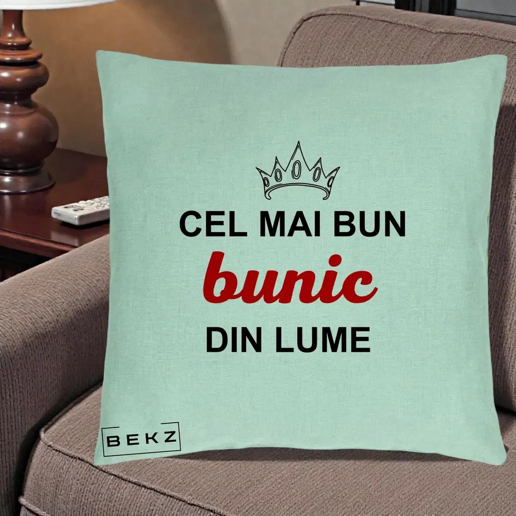 Cadou pentru Bunic - Perna Personalizata Cel Mai Bun Bunic Din Lume Coroana Rosu, 40x40 cm, Verde Menta, Husa Detasabila, Perna Inclusa, BEKZ®