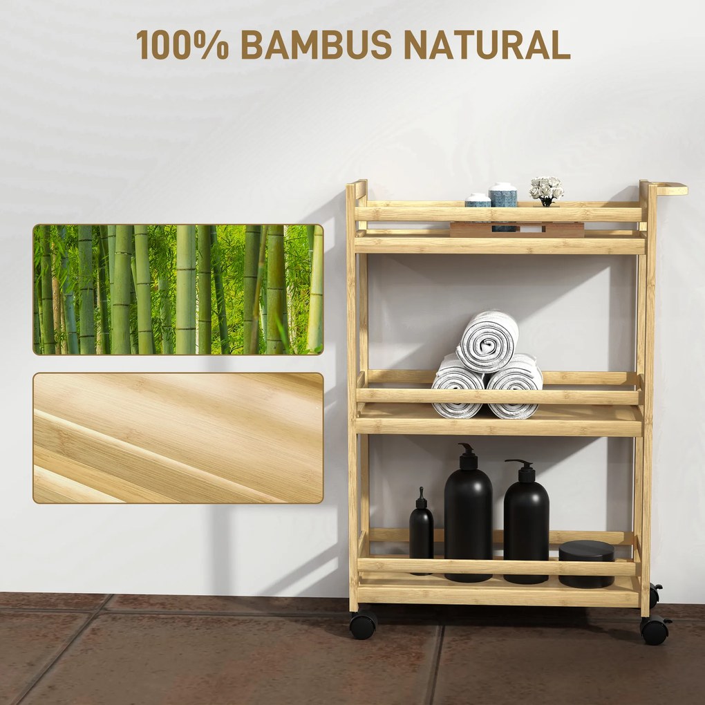 HOMCOM Raft de Baie din Bambus cu 3 Niveluri, Carucior Organizator cu Roți pentru Bucătărie, Baie, Living, 55 x 20 x 75 cm - Natural | Aosom Romania
