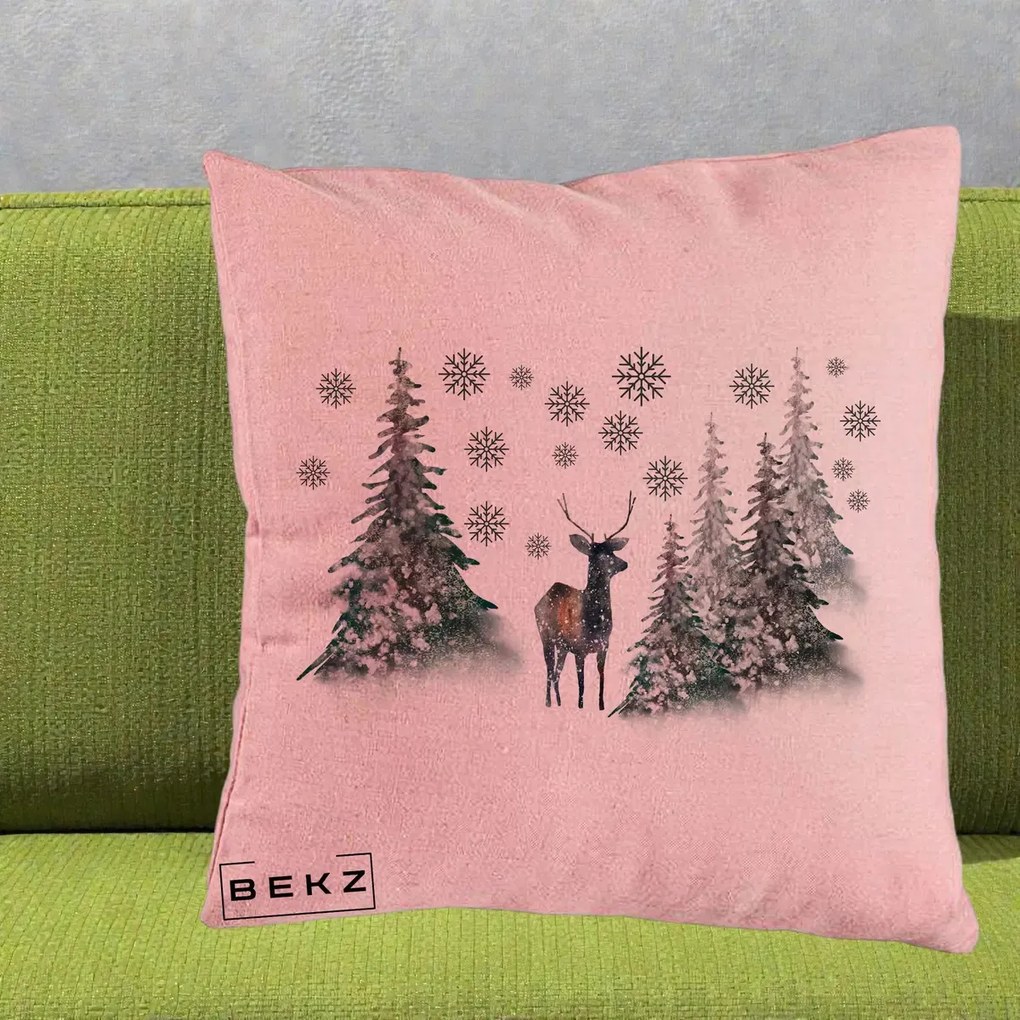 Perna Decorativa Ren in Padure Inzapezita, 40x40 cm, Roz, Husa Detasabila, Perna Inclusa, BEKZ®