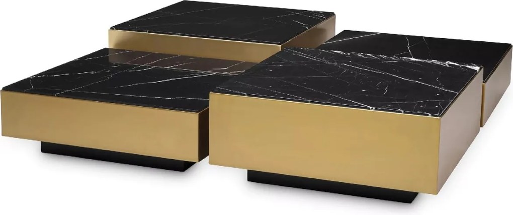 Set de 4 masute de cafea design LUX Esposito, alama periata/ marmura neagra