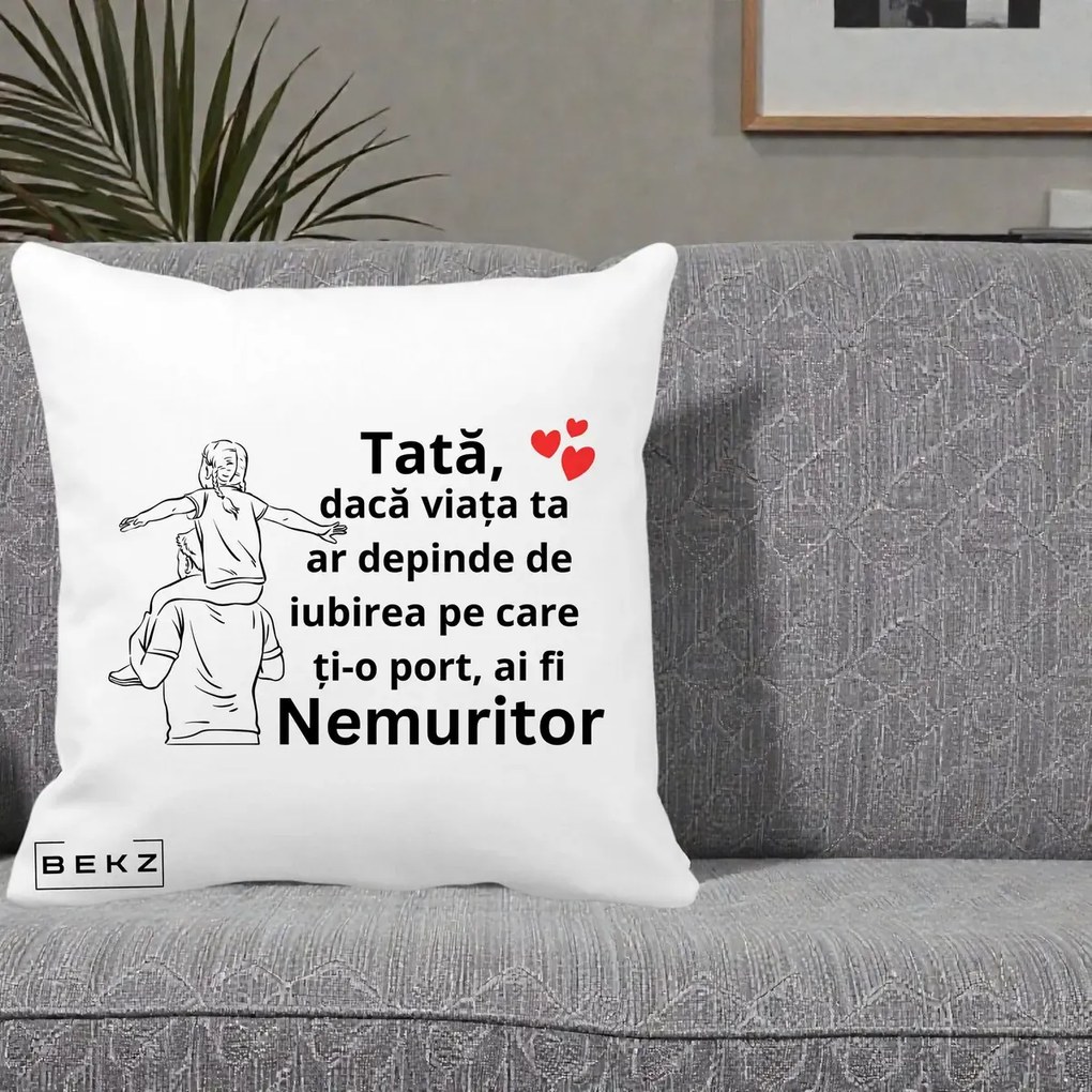 Cadou pentru Tata - Perna Personalizata Tata Supererou Nemuritor, 40x40 cm, Alba Mata, Husa Detasabila, Perna Inclusa, BEKZ®