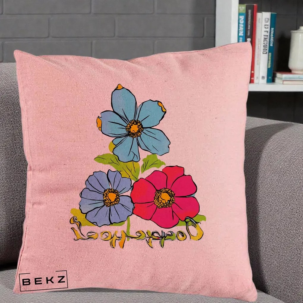 Perna Decorativa Trei Flori Grafice Pop Art, 40x40 cm, Roz, Husa Detasabila, Perna Inclusa, BEKZ®