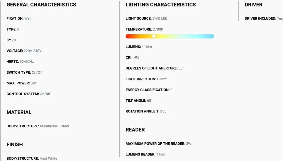 Aplica LED cu reader directionabil DANTE alba 3W 2700K