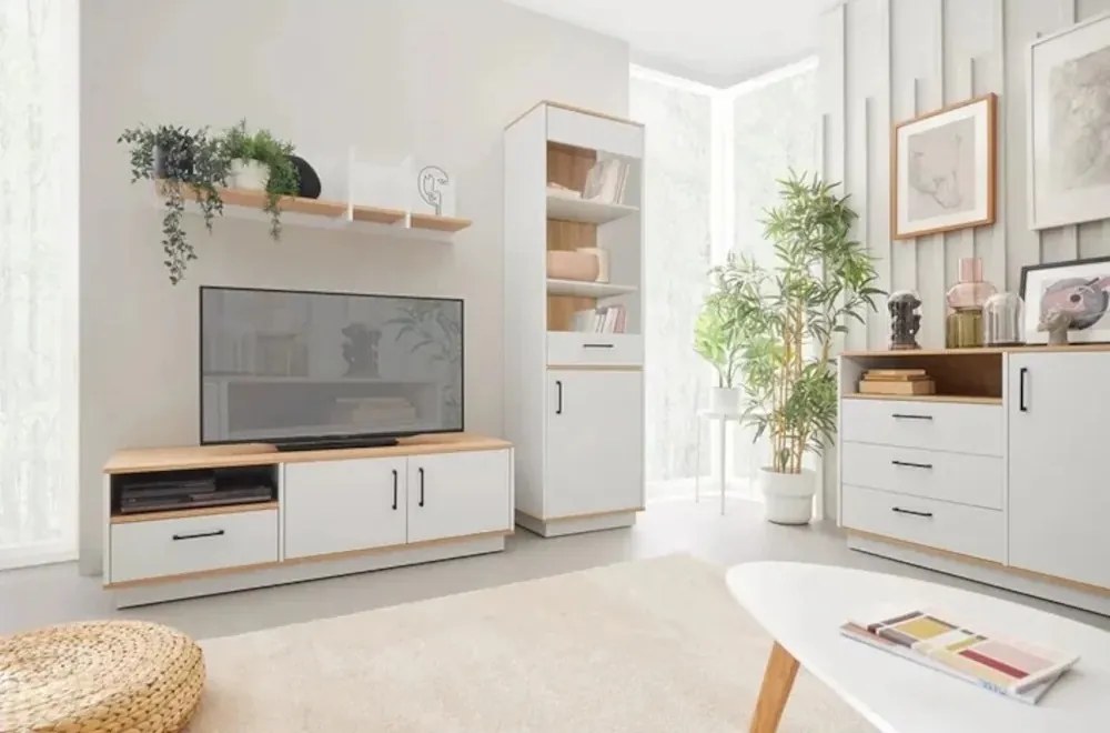 Suport TV TISANE cu dulapuri si sertar 160x50cm, stejar/alb
