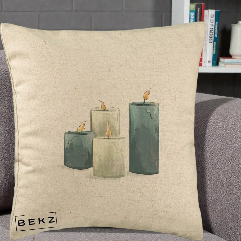 Perna Decorativa Lumanari Hygge Alb-Verde, 40x40 cm, Bej, Husa Detasabila, Perna Inclusa, BEKZ®