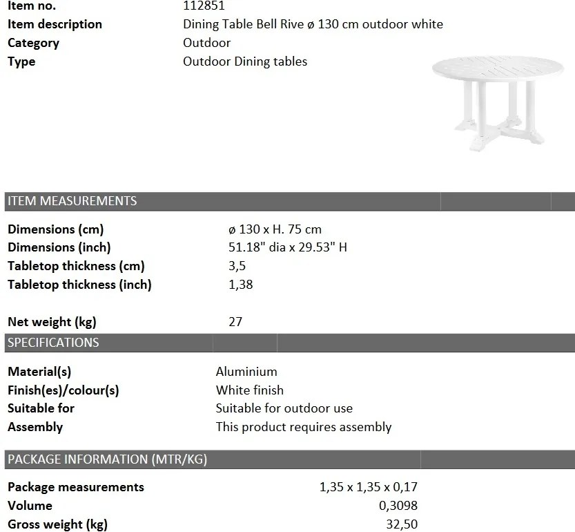 Masa pentru interior si exterior Bell Rive alb, 130cm 112851 HZ
