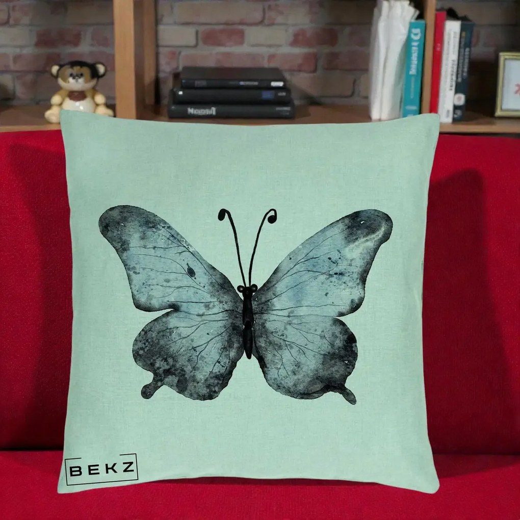 Perna Decorativa Fluture Acuarela Albastru-Gri, 40x40 cm, Verde Menta, Husa Detasabila, Perna Inclusa, BEKZ®