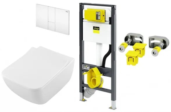 Set vas WC rimless suspendat, Villeroy&amp;Boch Venticello, cu capac inchidere lenta, rezervor si clapeta Viega Prevista