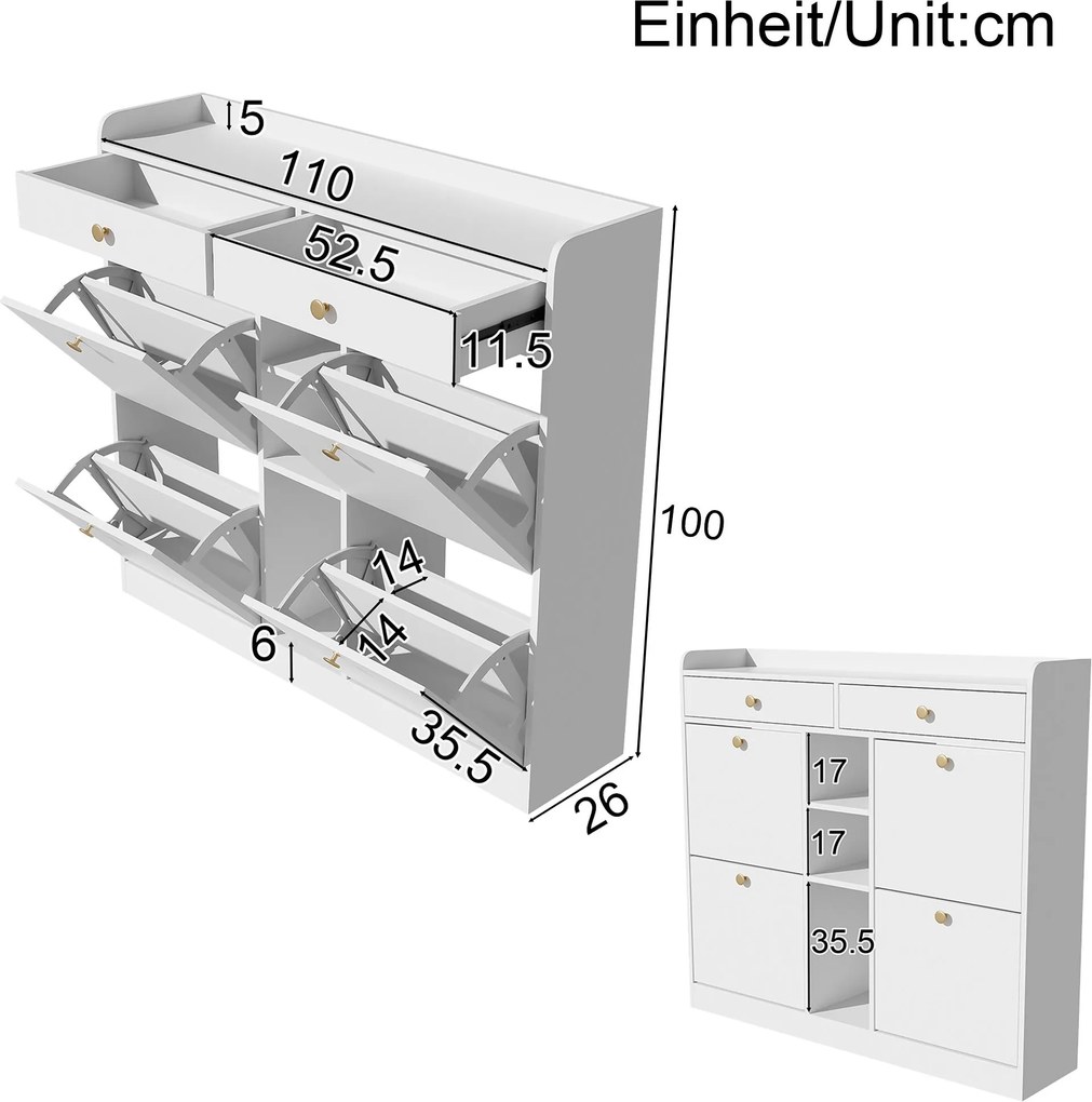Dulap pentru pantofi cu 4 uși rabatabile, 2 sertare și 3 compartimente deschise, 110x26x100 cm, Alb