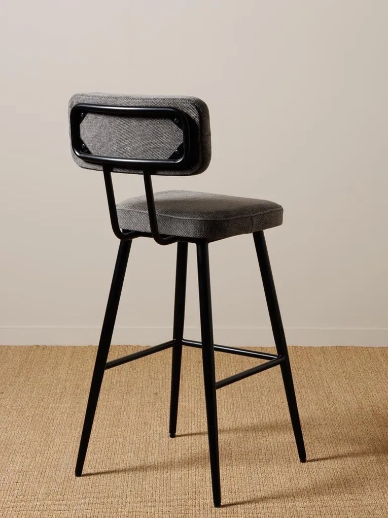 Scaun de bar tapițat din bumbac gri și fier negru, cu spătar dreptunghiular și suport pentru picioare, aspect stonewashed, 105 x 48 x 48 cm, „Fairfax”