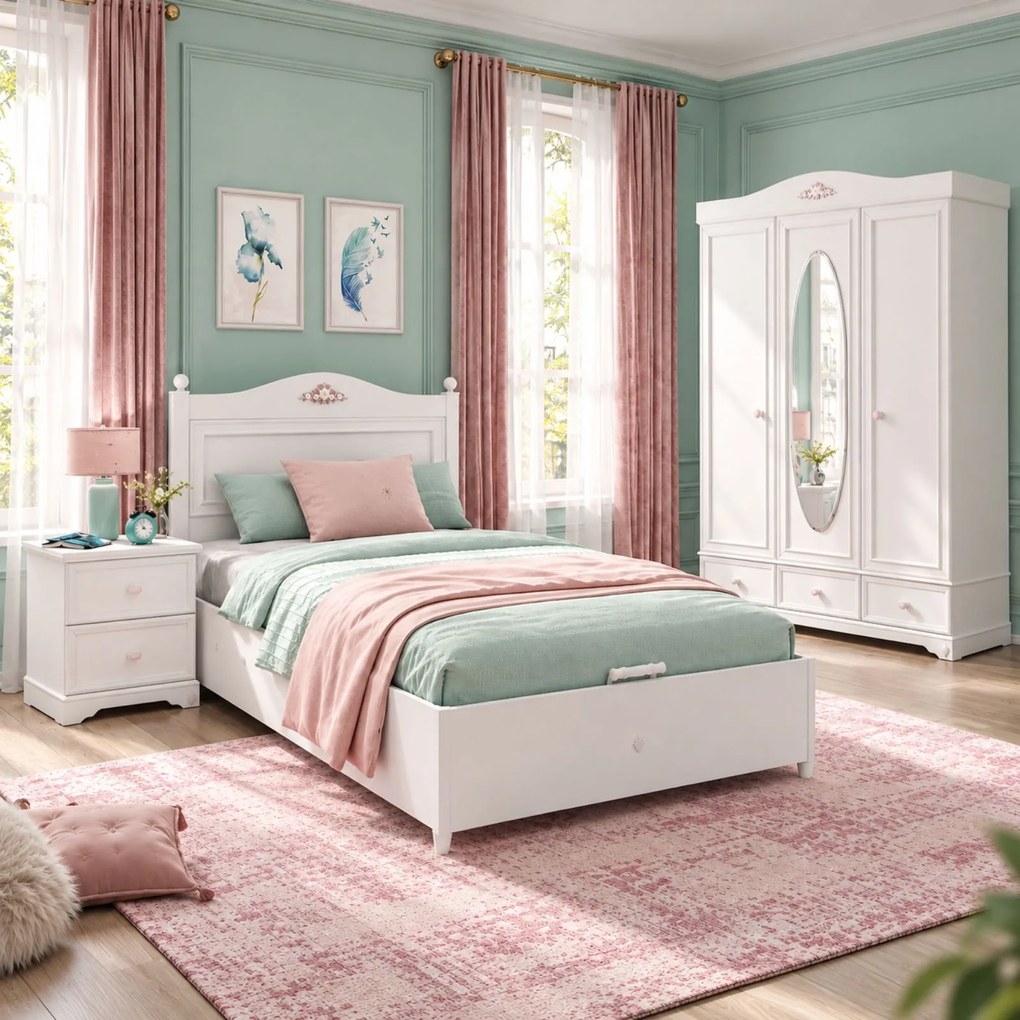 Set dormitor copii Rustic White ,   Pat cu lada, Dulap si Noptiera