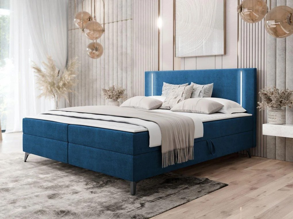 Pat matrimonial 200 cm Hebara 2 (albastru) (cu somieră și saltea) (cu sp. depozitare) (cu iluminat LED). 1104452