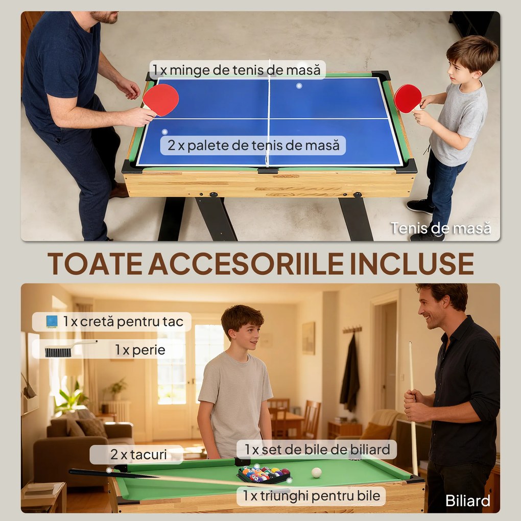 SPORTNOW Masă de Jocuri 13 în 1 Pliabilă cu Fotbal de Masă, Ping Pong, Hockey, Biliard, Șah și Altele, Nuc | Aosom Romania