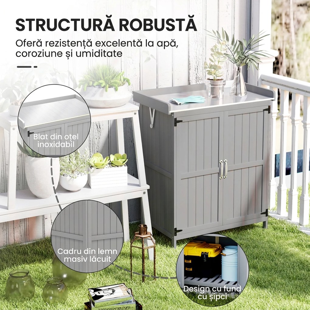 Outsunny Dulap de Exterior, Dulap pentru Ustensile cu Blat din Metal și Raft, Banc de Lucru din Lemn cu 2 Uși pentru Grădină, Terasă, Curte, Gri | Aosom Romania