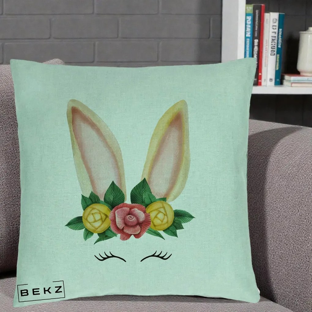 Perna Decorativa Iepuras Flori Urechi Pastelui, 40x40 cm, Verde Menta, Husa Detasabila, Perna Inclusa, BEKZ®