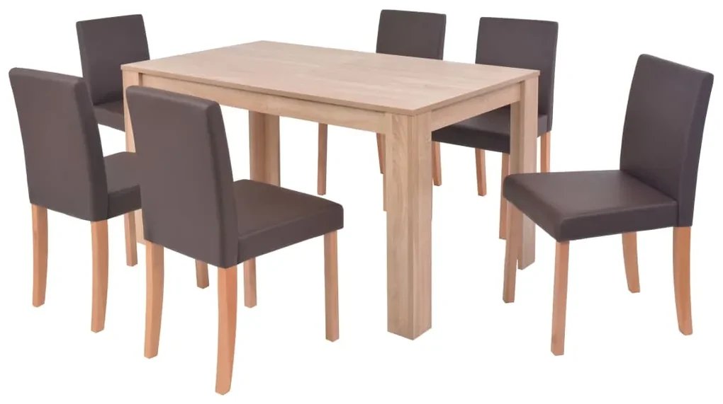 243530 vidaXL Masă și scaune 7 piese, piele artificială, stejar, maro
