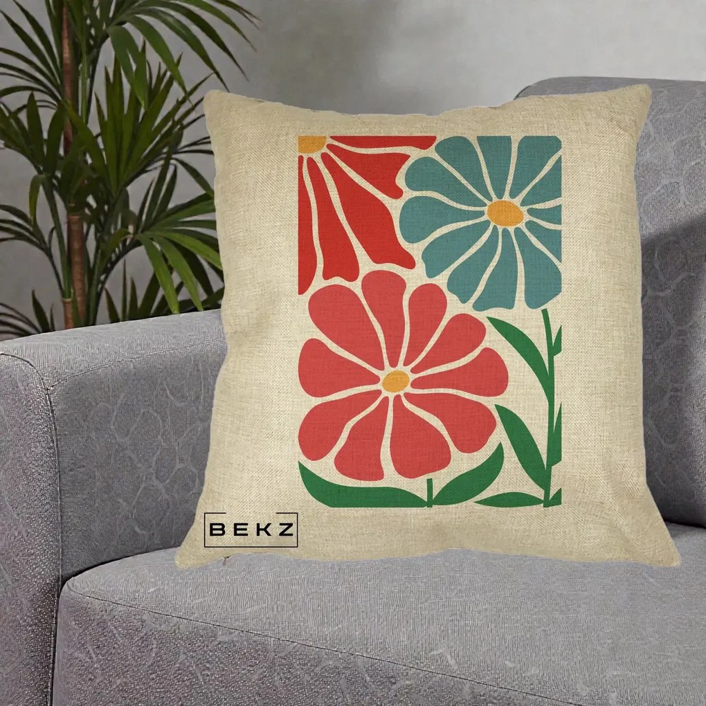 Perna Decorativa Flori Grafice Rosu-Albastru, 40x40 cm, Crem, Husa Detasabila, Perna Inclusa, BEKZ®