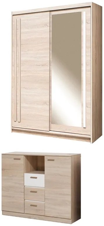 Dormitor Efect, culoare alb / sonoma, cu pat tapitat 160 x 200 cm, dulap 150 cm si comoda